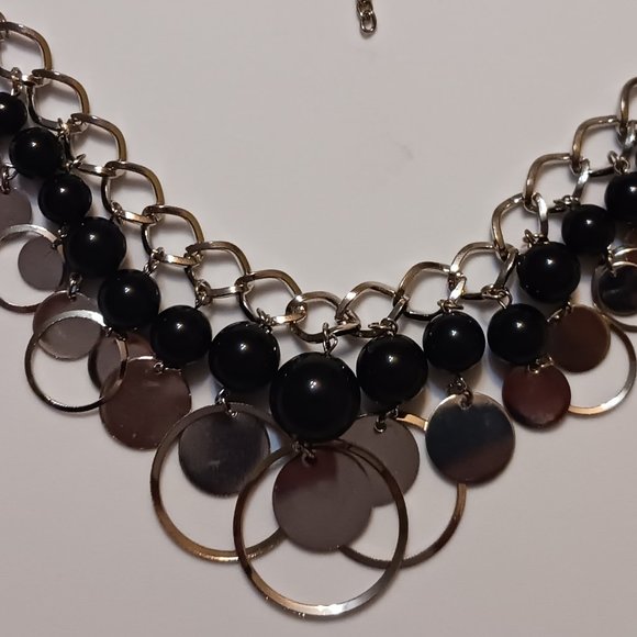 Vintage 90s Geometric Chunky Black and Silver Bib Statement Dangle Necklace - Picture 7 of 11